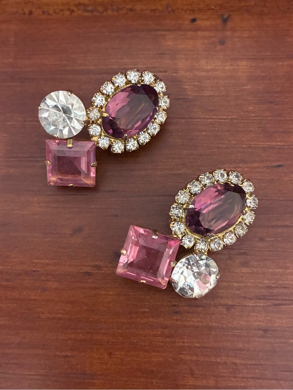 Beautiful vintage clip-on earrings people and pink with rhinestones